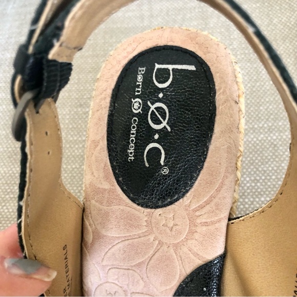 Born b.o.c Wedge Sandals Size 6 Slingback Floral Black Leather Comfy Chic - Picture 4 of 12